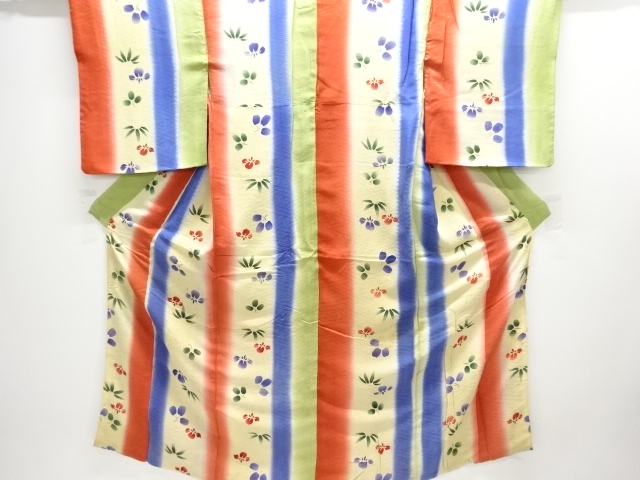 アンティーク　紋錦紗　縞に草花模様着物